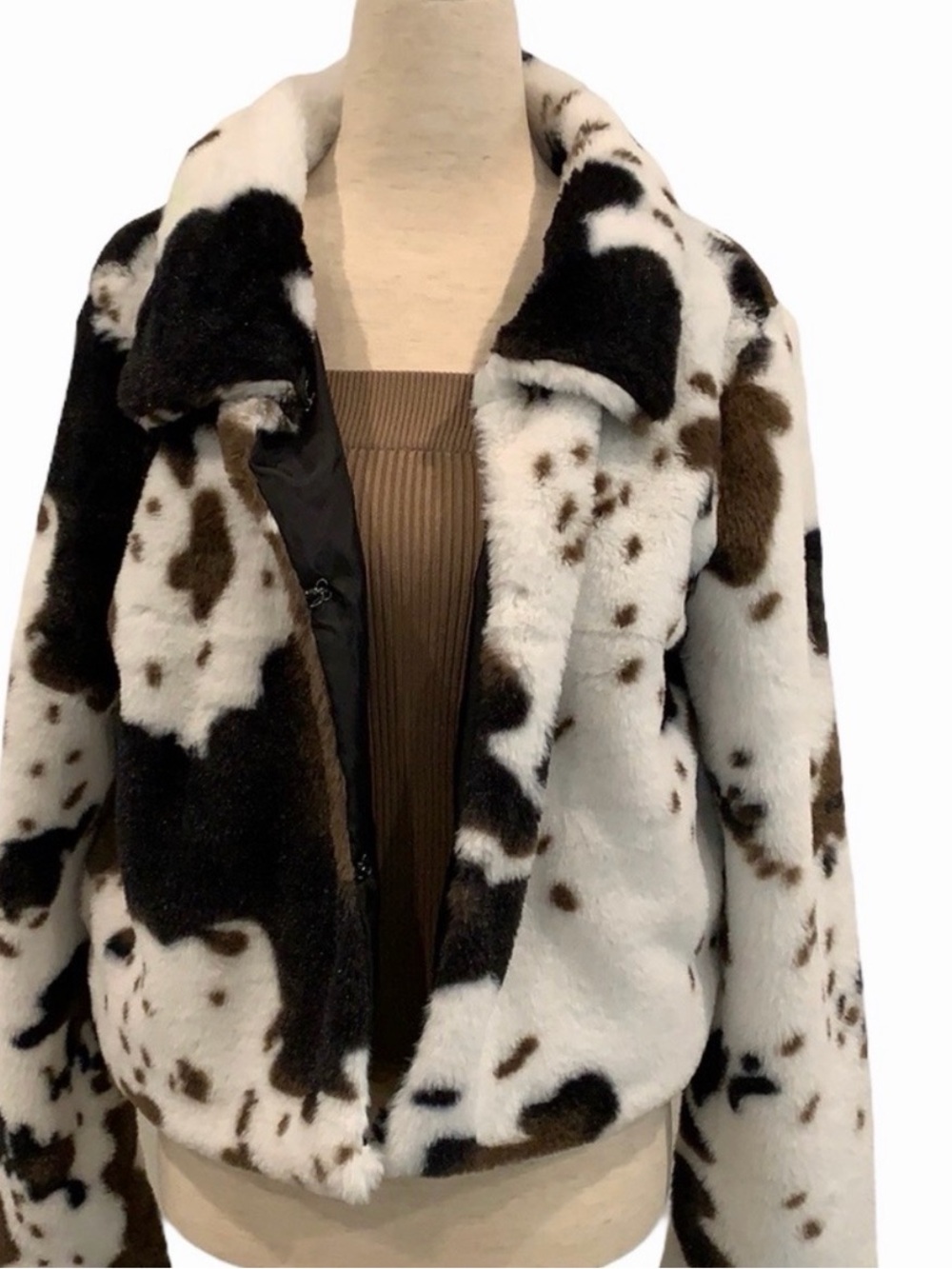Brave Soul Cow-Print faux fur jacket